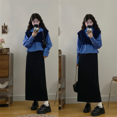 批发实拍韩系复古叠穿针织<b class='q'>背心</b>马甲衬衣半身裙