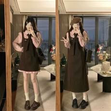 批发新款大码女装胖妹妹mm<b class='q'>显瘦</b>复古感粉咖衬衫领背带闺蜜连衣裙