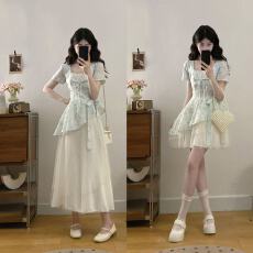 批发实拍大码新款连衣裙设计感假两件<b class='q'>甜美</b>短袖女修身显瘦短裙长裙