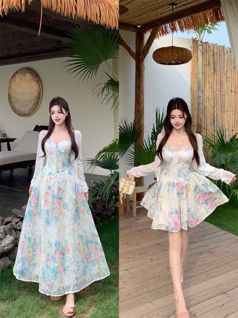 지방 mm 프랑스식 순수한 욕망 바람 꽃무늬 슬립 여성 드레스 여름 달콤함 허리 수축 휴가 치마