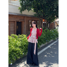 批发实拍防晒开衫碎花吊带裙上衣阔腿裤初夏绝美套装夏
