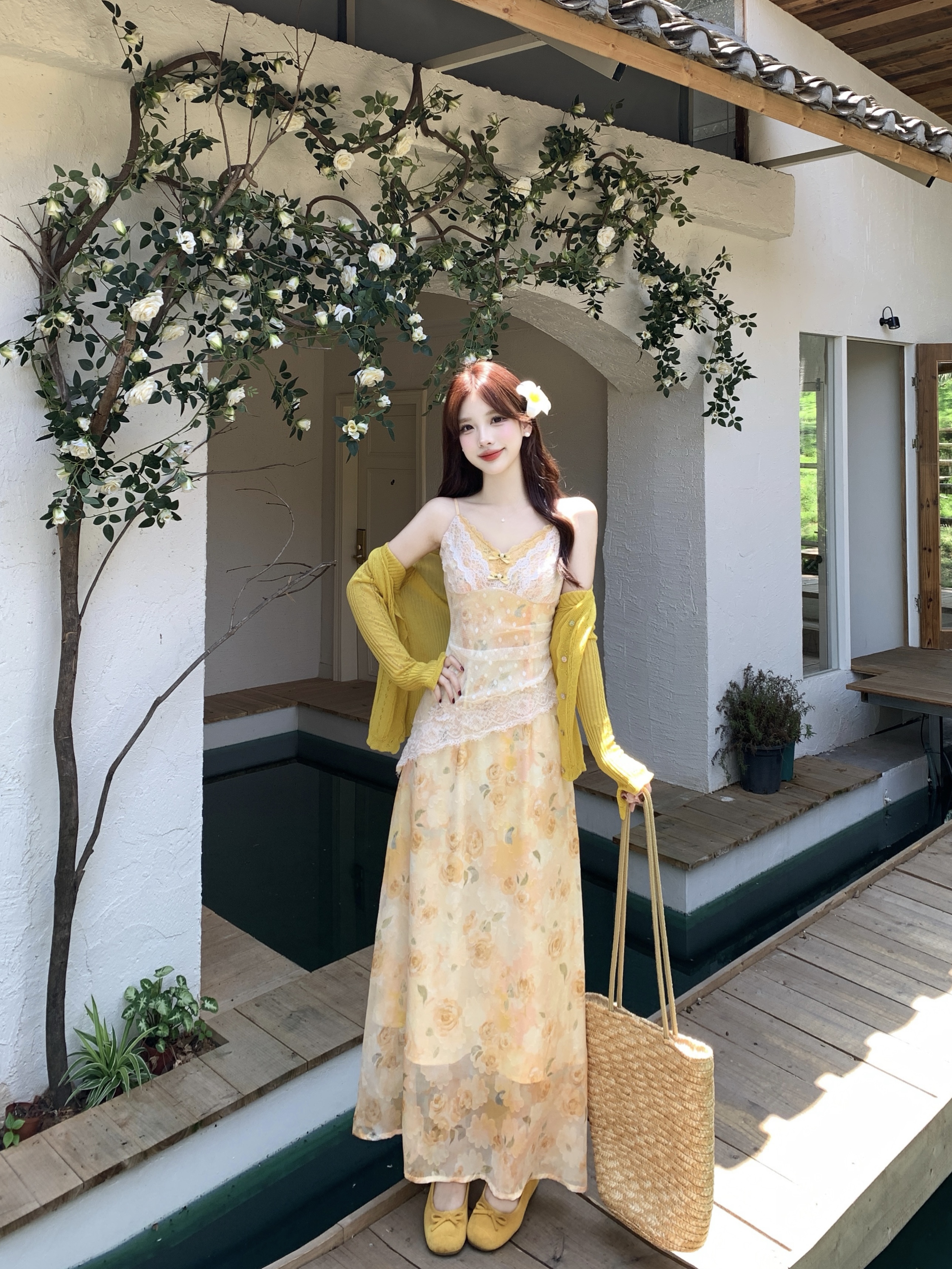 실사 레이스 슬립 꽃무늬 드레스 봄 여름 여행 밝은 착용 가져 가라. 오픈 가디건 롱 스커트 세트