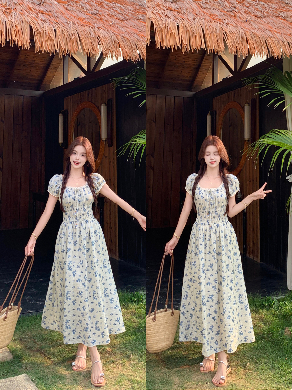 실사 프랑스식 꽃무늬 점프 슈트 여름 광장 칼라 프랑스식 휴가 통기성 롱 스커트