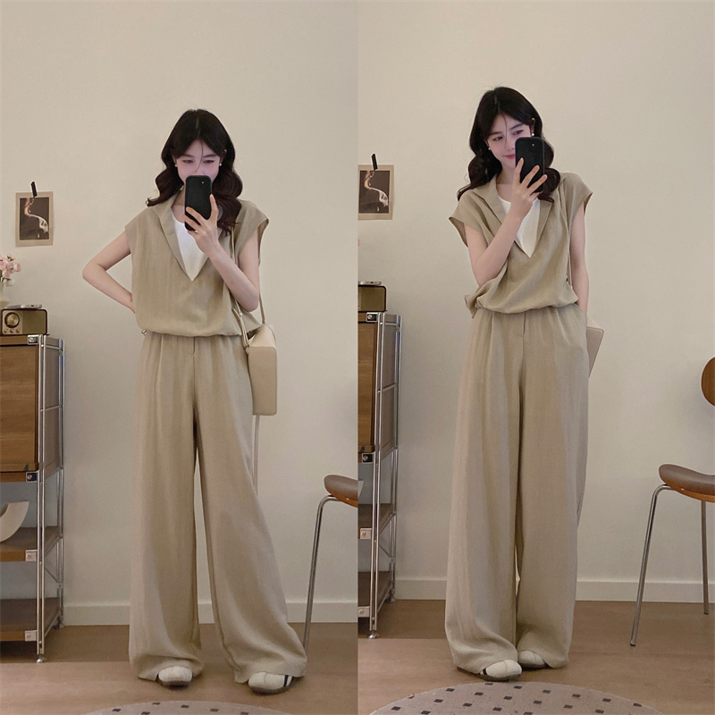 아마 페이크 레이어드 반팔 맨위 프랑스식 캐주얼 와이드 레그 팬츠 세트
