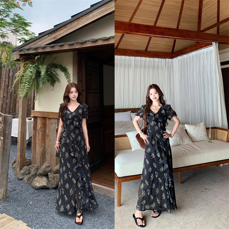 얕은 여름 정원 어둠 체크무늬 꽃 프릴 드레스 여름 새로운 달콤함 꽃무늬 치마