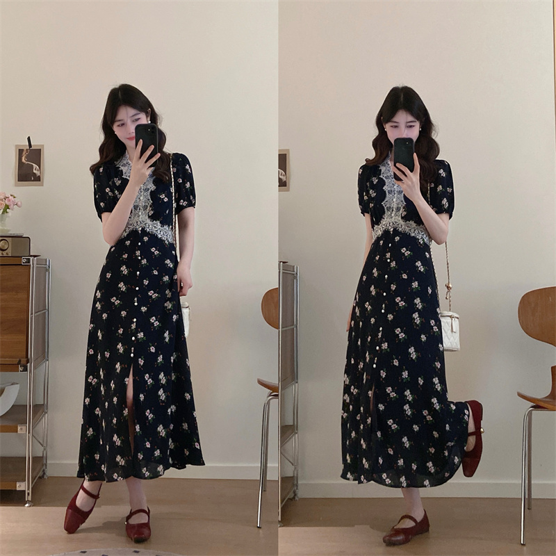 수달 벚꽃 V넥 반팔 프랑스식 꽃무늬 드레스