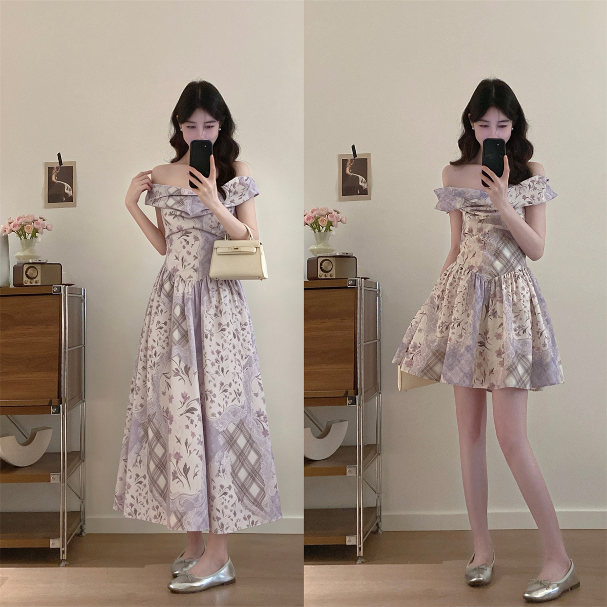 실사 레트로 낭만주의 꽃무늬 프린트 오프숄더 드레스 여름
