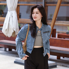 批发实拍#美式复古短款拉链休闲<b class='q'>牛仔</b>夹克外套女春秋款港风运动上衣潮