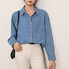 批发实拍#复古蓝色牛仔衬衫女2025秋新款慵懒宽松休闲叠穿衬<b class='q'>衣外套</b>