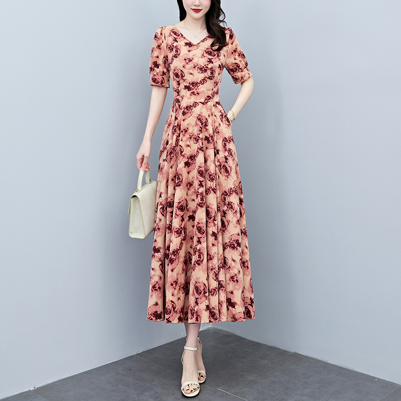 RY5768# 2026夏季新款印花连衣裙女夏长款款缎面大码胖mm收腰显瘦...