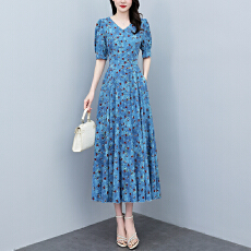 批发2026夏季新款印花连衣裙女夏长款款缎面<b class='q'>大码</b>胖mm收腰显瘦过膝长裙