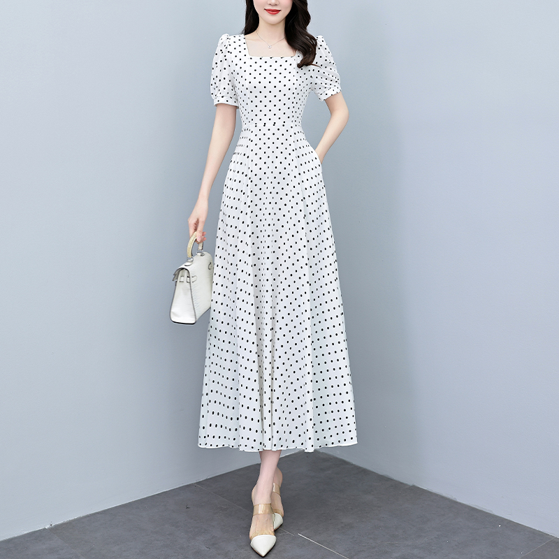 RY3972# 2026夏季新款波点连衣裙女夏长款缎面大码胖mm收腰显瘦过...