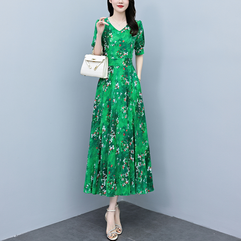 RY3971# 真丝连衣裙女夏长款2026夏季新款缎面大码胖mm收腰显瘦过...