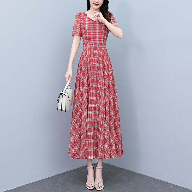 RY3970# 2026夏季新款印花雪纺连衣裙女夏长款大码胖mm显瘦印花遮...