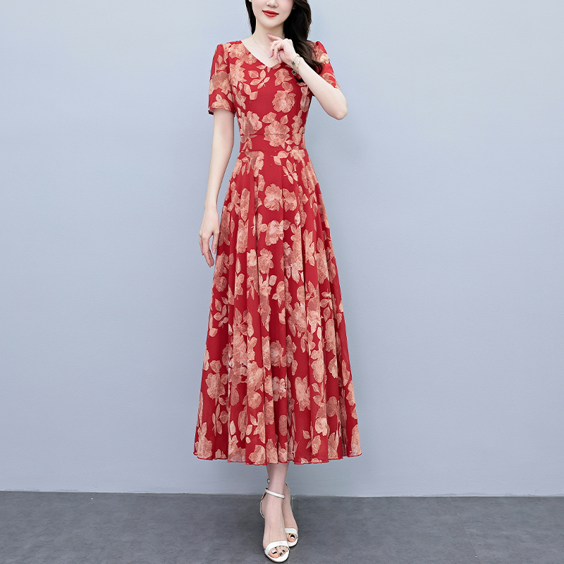 RY3969# 2026夏季新款印花雪纺连衣裙女夏长款大码胖mm显瘦印花遮...