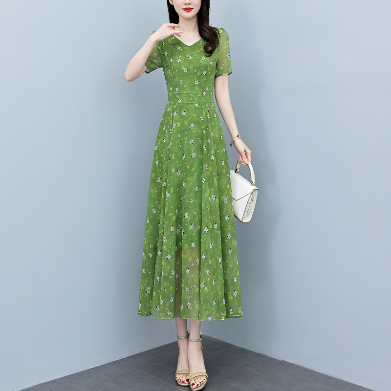 RY3963# 提花雪纺连衣裙女夏长款2026夏季新款大码胖mm显瘦印花优...