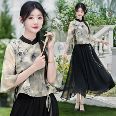 批发新中式国风竹林水墨印花汉元素宽松淑女上衣半身裙套装