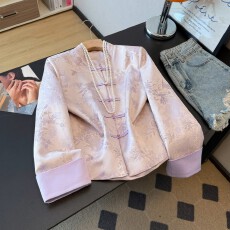 批发新中式东方古韵高端提花缎面复古改良国风长袖上衣紫花外套