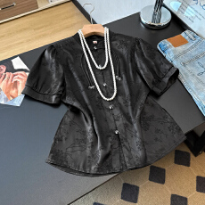 批发实拍新中式国风提花缎面手工流苏钉珠短袖上衣