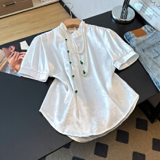 批发实拍改良新中式国风提花缎面手工流苏钉珠短袖淑女上衣