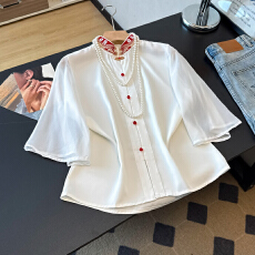 批发实拍改良新中式国风简约荷叶袖高端名媛淑女百搭精致刺绣上衣