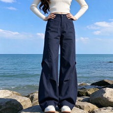 批发藏青色工装阔腿裤女2026秋季厚款大码<b class='q'>胖</b><b class='q'>mm</b><b class='q'>宽松</b>显瘦直筒运动休闲裤