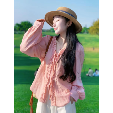 批发法式粉色长袖木耳边V领衬衫女早春2026新款高级感泡泡袖<b class='q'>雪纺上衣</b>