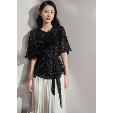 批发法式复古<b class='q'>波点</b> 优雅飘带<b class='q'>雪纺</b><b class='q'>衫</b> 喇叭袖圆领<b class='q'>衬衫</b>女