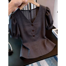 批发法式泡泡袖灰色上衣女时髦洋气<b class='q'>超</b>好看通勤风V领<b class='q'>大码</b>显瘦气质<b class='q'>女装</b>