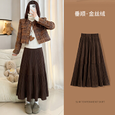 实拍大码半身裙金丝绒高腰a字百褶蛋糕裙拼接半裙高腰长裙大摆裙