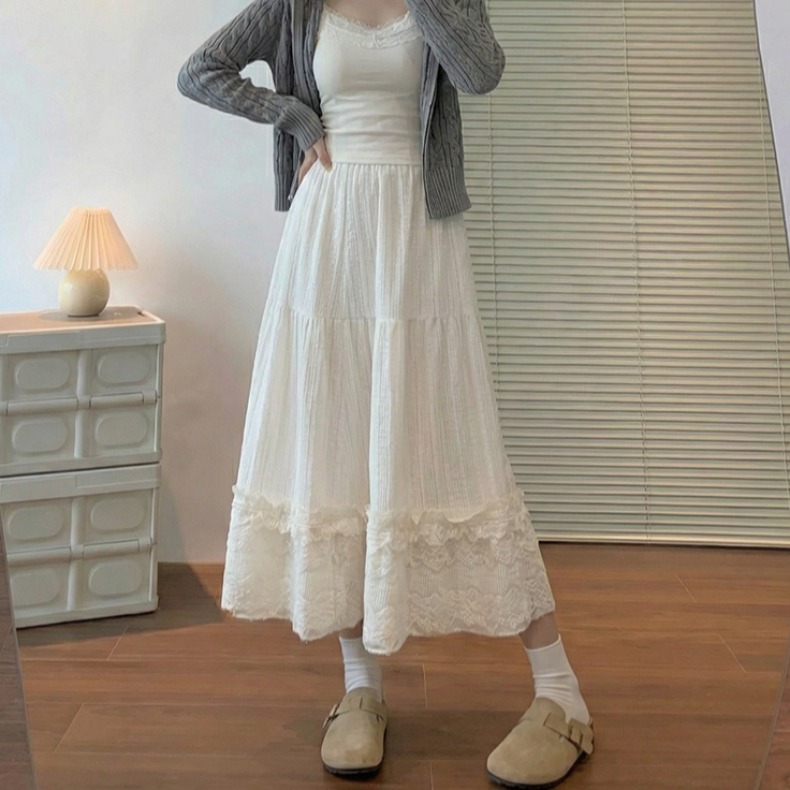 RY521# 实拍白色蛋糕裙女春季2026新高腰a字平边半裙中长款蕾丝半身裙子