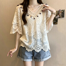 批发实拍2026大码女装夏季新款休闲百搭简约甜美风蕾丝镂空套头上衣