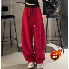 批发加绒加厚弯刀裤女2025冬季新款<b class='q'>糖果</b><b class='q'>色</b>香蕉卫裤拼<b class='q'>色</b>高腰休闲裤