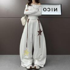 批发2026年春季新款时尚星星贴布刺绣减龄飘带宽松显瘦休闲裤