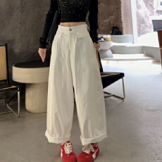 批发2026春季新款设计感高腰显瘦系带休闲裤女直筒阔腿裤子