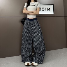 批发2026年时尚夏款潮酷格子拼色腰头设计宽松阔腿裤格子