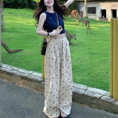 批发韩系2026夏季新款宽松显瘦波点休闲阔腿裤女薄款垂感麻料直筒裤潮