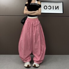 批发2026年夏季新款韩版高腰设计飘带阔腿弯刀时尚气球<b class='q'>休闲裤</b>裤工装裤
