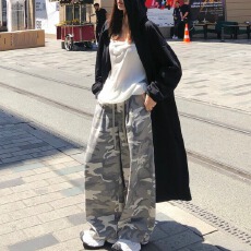批发【奶油迷彩】2026<b class='q'>秋</b>冬新款做旧迷彩松紧腰抽绳宽松显瘦休闲阔腿裤