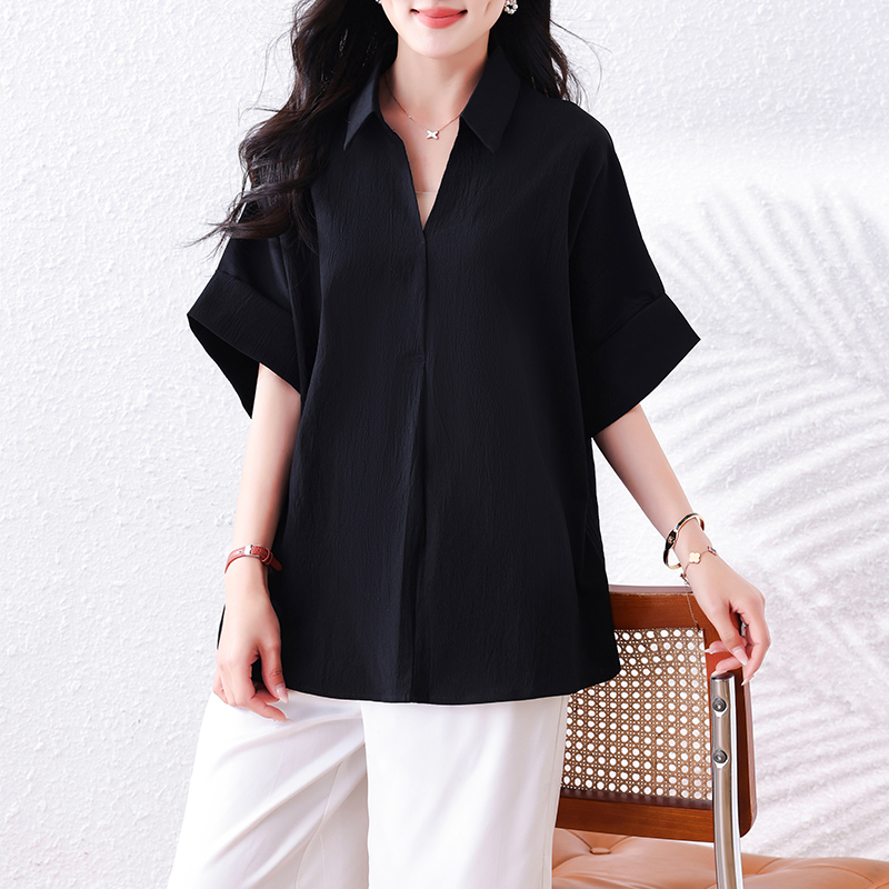 빅 사이즈 여성 의류 쉬폰 반팔 여성 셔츠 여름 지방 mm 루즈핏 슬림해 보이는 POLO 칼라 긍정적 인 어깨 도루 센스 중간 길이 맨위