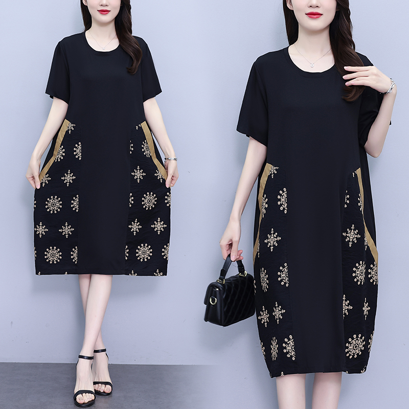 MY9662# 胖mm气质连衣裙女夏季新款大码女装中长裙设计感印花拼接短袖裙子女裝貨源服裝批發