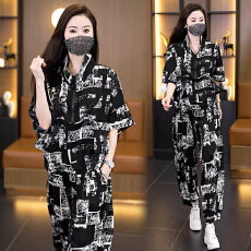 批发大码韩版时尚宽松<b class='q'>套装</b>女2025夏新款胖mm气质印花上衣<b class='q'>哈伦裤</b>两件套