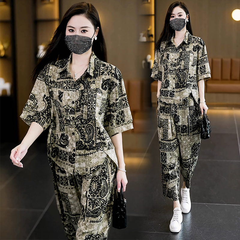 RY4105# 时尚休闲印花短袖衬衣裤子两件套女2025夏季新款减龄大码女...