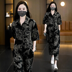 批发大码女装2025胖MM宽松遮肚子<b class='q'>套装</b>印花时尚<b class='q'>哈伦裤</b>两件套夏季新款