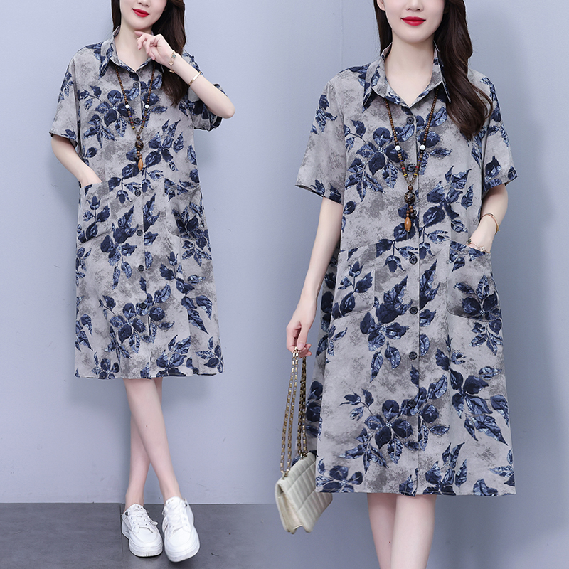 MY10419# 大码印花polo领短袖衬衫连衣裙女夏季宽松胖mm遮肚子显瘦休闲裙子女裝貨源服裝批發