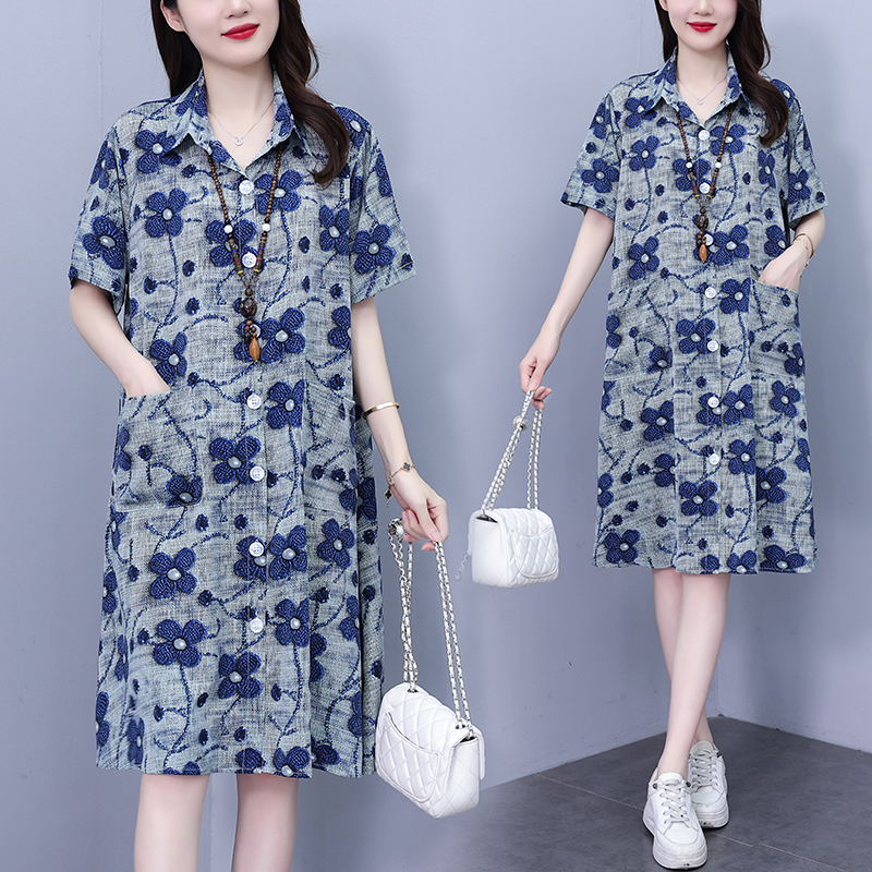 MY10930# 印花透气长裙polo领短袖百搭裙子夏季新款减龄胖妹妹休闲...