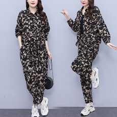 批发胖mm时髦复古印花polo领短外套<b class='q'>哈伦裤</b>两件套大码春装减龄<b class='q'>套装</b>女