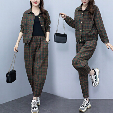 批发胖mm时髦复古印花polo领短外套<b class='q'>哈伦裤</b>两件套大码春装减龄<b class='q'>套装</b>女