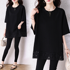 批发大码宽松中长款T恤女2026 新款蕾丝拼接七分袖上衣遮肉显瘦打底衫