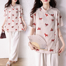 批发2026马年新款新中式衬衫女 宽松立领盘扣上衣国风印花遮肉显瘦T恤